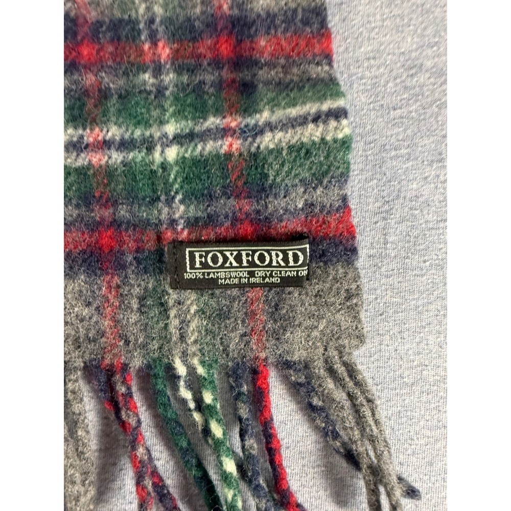 Vintage Foxford Ireland 100% Lambswool Tartan Plaid Scarf Grey Green Red Fringe